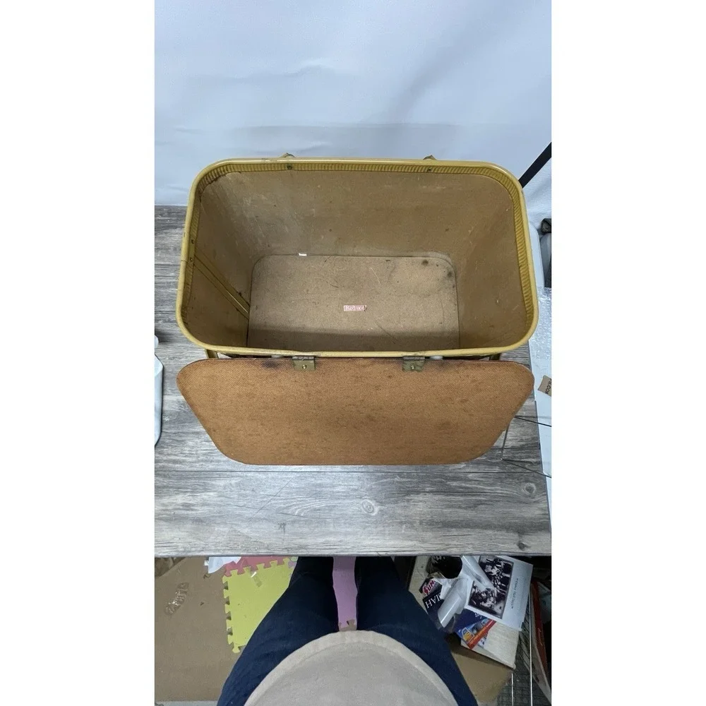Redmon‎ Woven Picnic Basket Wood Lid Mustard Yellow Handles Vintage Style